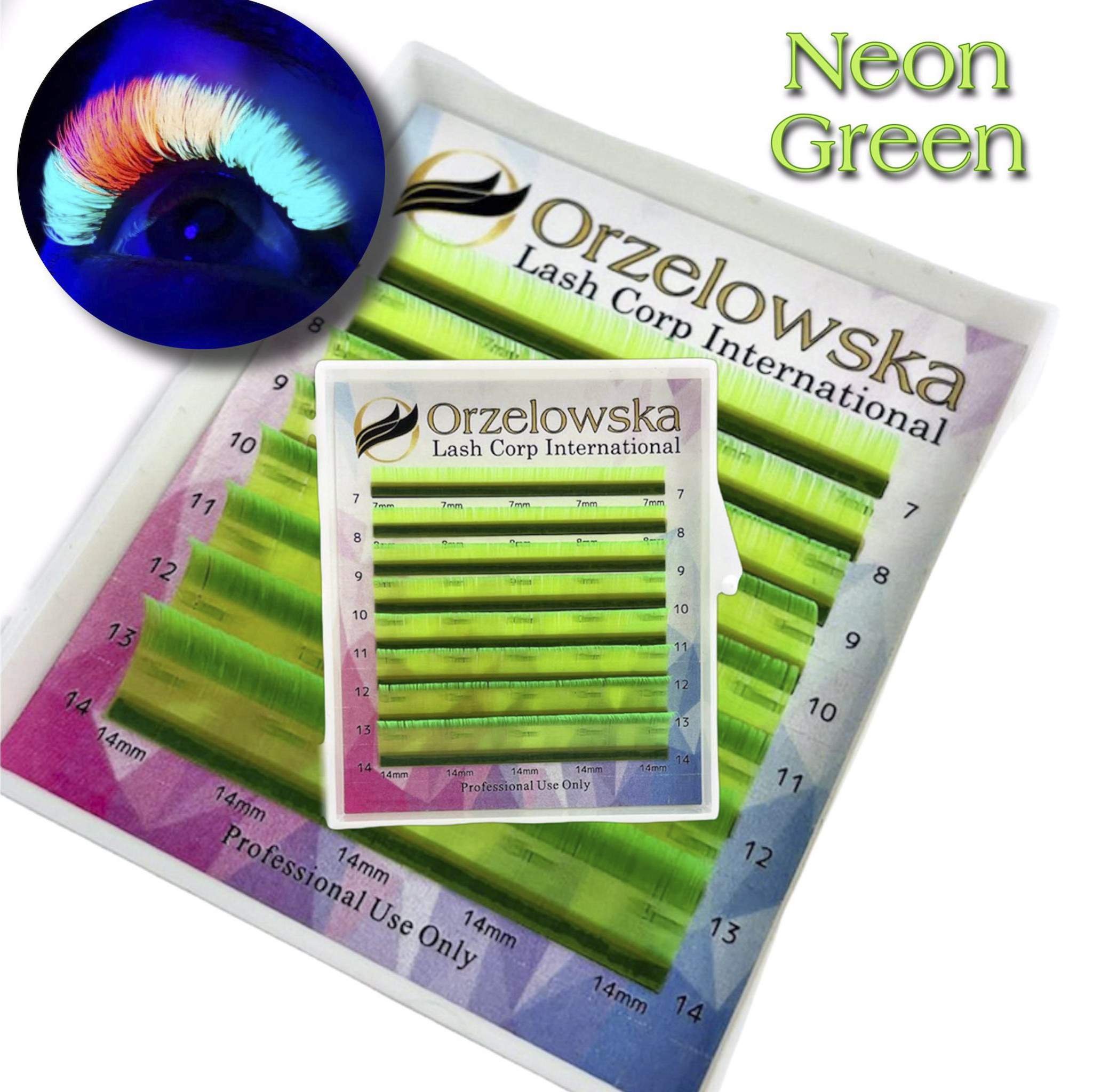 CC 0.07 Mix 7-14 mm Color Lashes, Neon Green, eyelash extensions, tray with 8 lines ,  Orzelowska