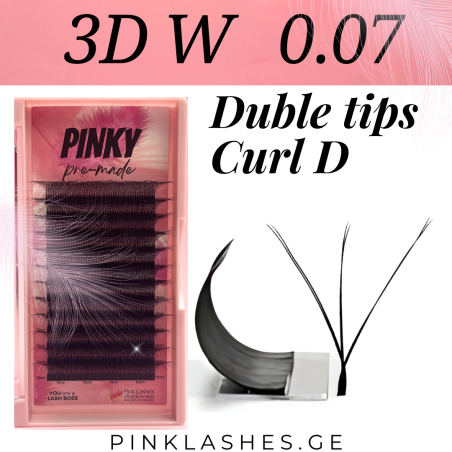 3D W double tips PINKY, Curl D pre-made eyelash extensions, quick volume